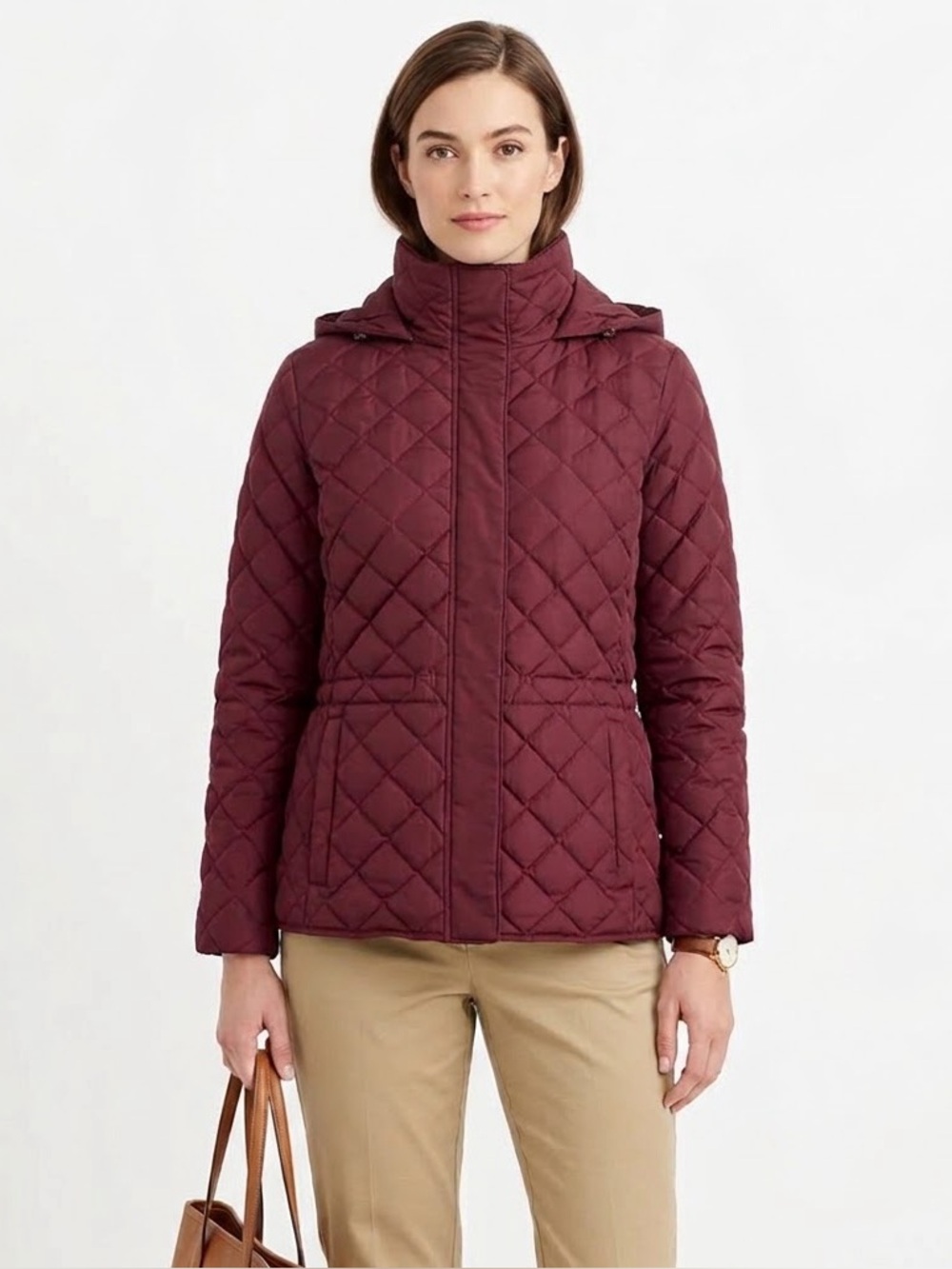 Burgundy Quilted Down Filled Coat Mock Neck Heritage Equestrian Preppy Classic